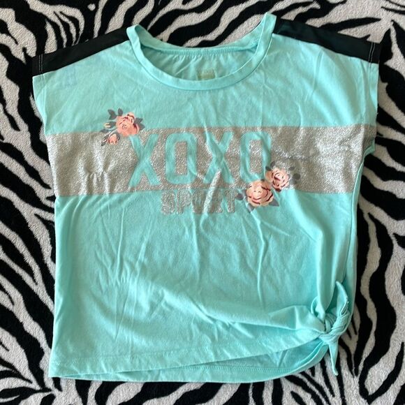 Xoxo sport little girls roses teal silver glitter mesh shoulder shirt sleeve top - Picture 3 of 11